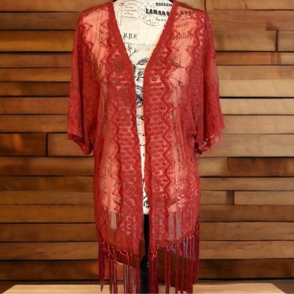 Boho Lace Cardigan Fringe Short Sleeve Dark Orange Size L
Color is more pale.